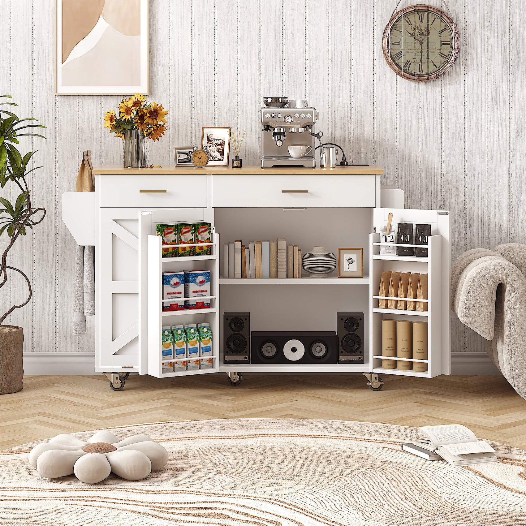 Meteorleg Kitchen Island with Power Outlets & Trash Cabinet, 2 Drawer Modern Buffet Cabinet Sideboard Coffee Bar for Dining Room Living Room, White