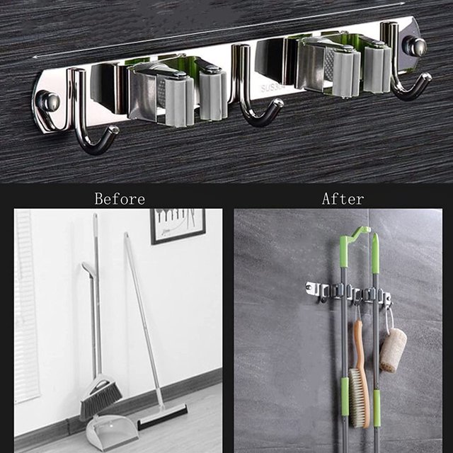 Soporte para escoba montado en la pared - Soporte para escoba de acero inoxidable, soporte para colgar de almacenamiento para cocina, lavandería, garaje (2 ranuras y 3 ganchos, gris) ShuxiuWang 8390613597489
