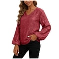 thumbnail image 1 of DXOUPM Women's Long Sleeve Shirts V Neck Sequined Shirt Work Clothes Versatile Daily Wear, 1 of 3