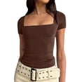 thumbnail image 2 of YUGYXL Women's Square Neck Short Sleeve Double-Layer Tops Basic Slim Fit Going Out T Shirt Coffee S, 2 of 6