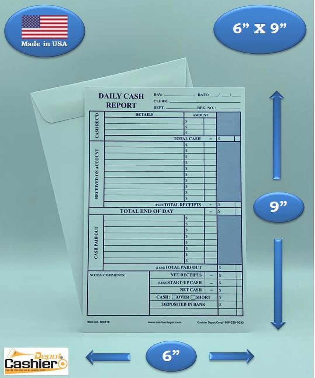 Cashier Depot MR318 Daily Cash Report Envelope, 6" x 9",Open End, Premium 28lb White, Gum Flap, 500/Box