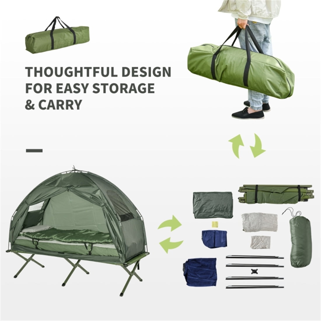 Tent Cot for Camping, All-in-1 Folding Tent Combo with Self-Inflating Mattress, Carry Bag & Foot Pump, Portable Off Ground Elevated Tent for Hiking, Backpacking, Fishing & Picnic