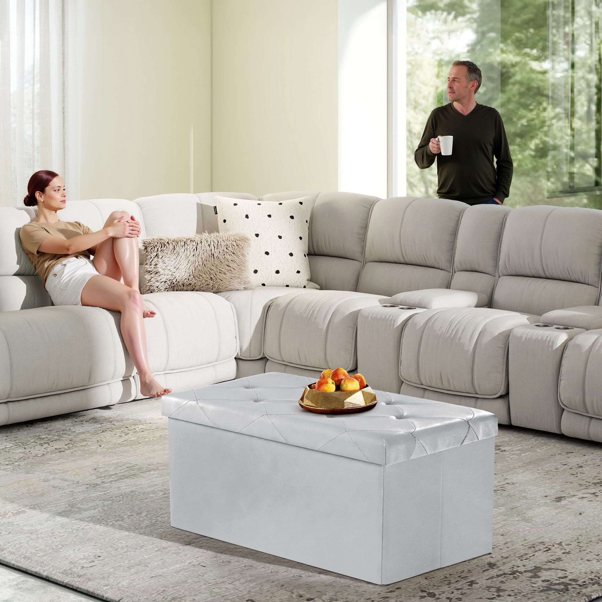 Gianna 30 Inch Folding Ottoman With Storage Bench, Bedside Storage Bench With Leather Top Cover and Cushion, Footrest Suitable for Bedroom, Living Room, Gray