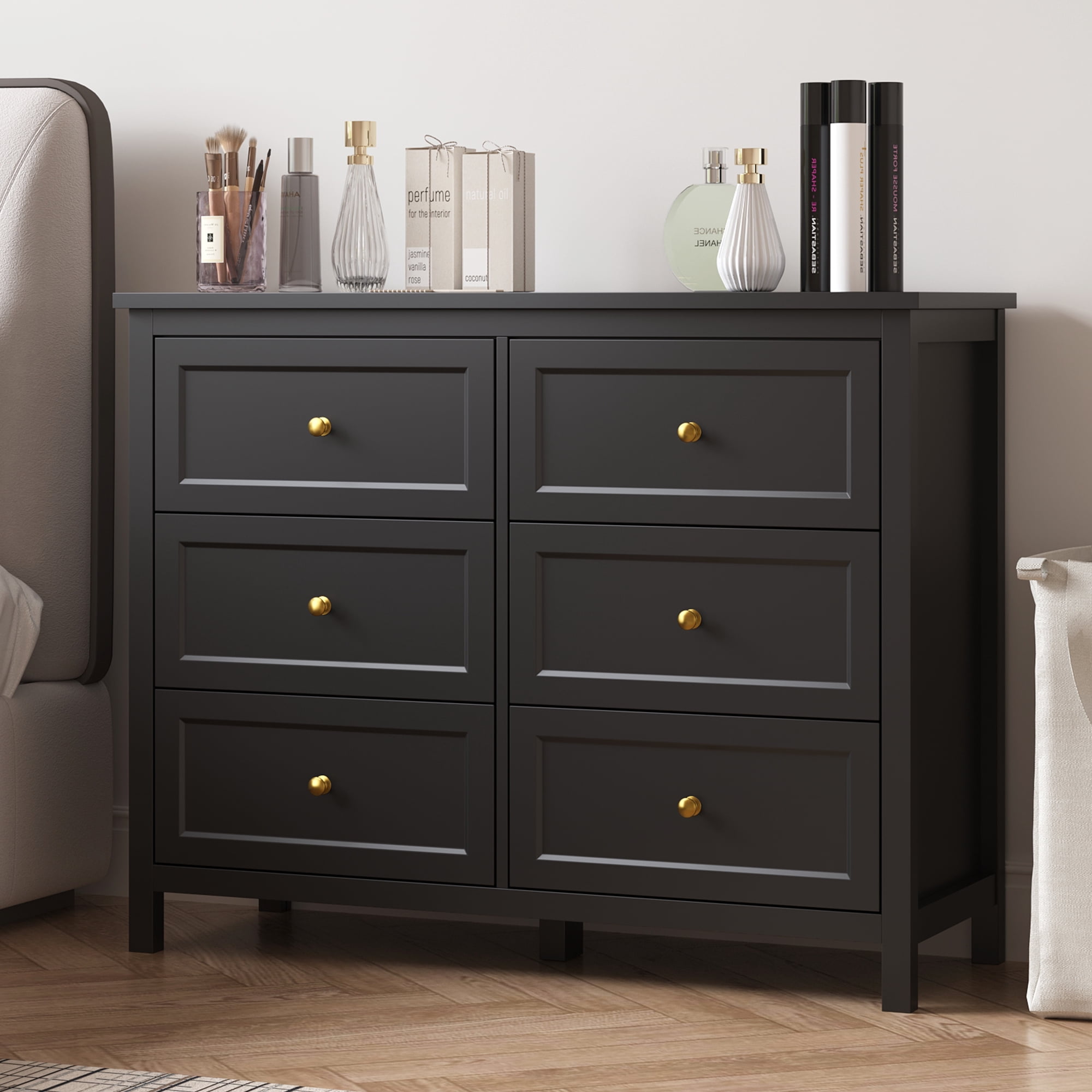 DIYART 6 Drawer Dresser for Bedroom, 41" Wide Large Chest of Drawers with Golden Handles, Modern Modern Bedroom Storage Dresser for Closet and Living Room, Black