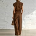 thumbnail image 6 of Guluxicc Brown Womens Collared Jumpsuit Half Zip Wide Leg Cap Sleeve Elastic Waist Casual Dressy Business Casual Summer Rompers with Pockets, 6 of 7