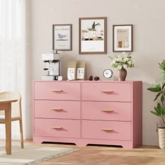 PIONEERWORKS Chest of Drawers with 6 Drawers, Modern Drawer Dresser Durable Structure with Deep Drawers,Anti-Tipping Device for Home,Office, Living Room in Pink