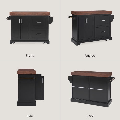 53" Large Kitchen Island with 3.5" Thick Desktop, Rolling Kitchen Cart with 5 Wheels, 2 Extra-Large Drawers & Cabinet, Spice Rack, Towel Rack, for Home, Kitchen, Dining Room, Black
