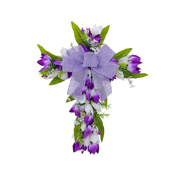 Tyeign Easter Cross Wreath, 14X17In Pink Tulip & Ribbon Spring Door Hanging, Artificial Floral Cross for Front Door Wall, Christian Holiday Wedding Decor, 1*Wreath