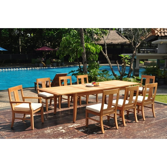 Grade-A Teak Dining Set: 8 Seater 9 Pc: 122" Atnas Double Extension Rectangle Table And 8 Osborne Chairs (2 Arm & 6 Armless Chairs) WholesaleTeak #WMDSWVm