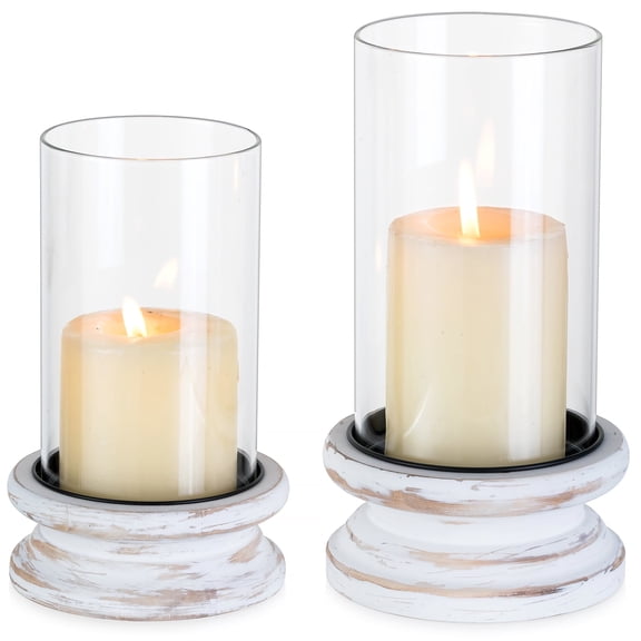 Glasseam Set of 2 Hurricane Candle Holder: Washed White Wood Base Clear Glass Shade for Wedding Christmas S/L Sizes Hold 3"-4.5" Pillar Candles Farmhouse Table Decor