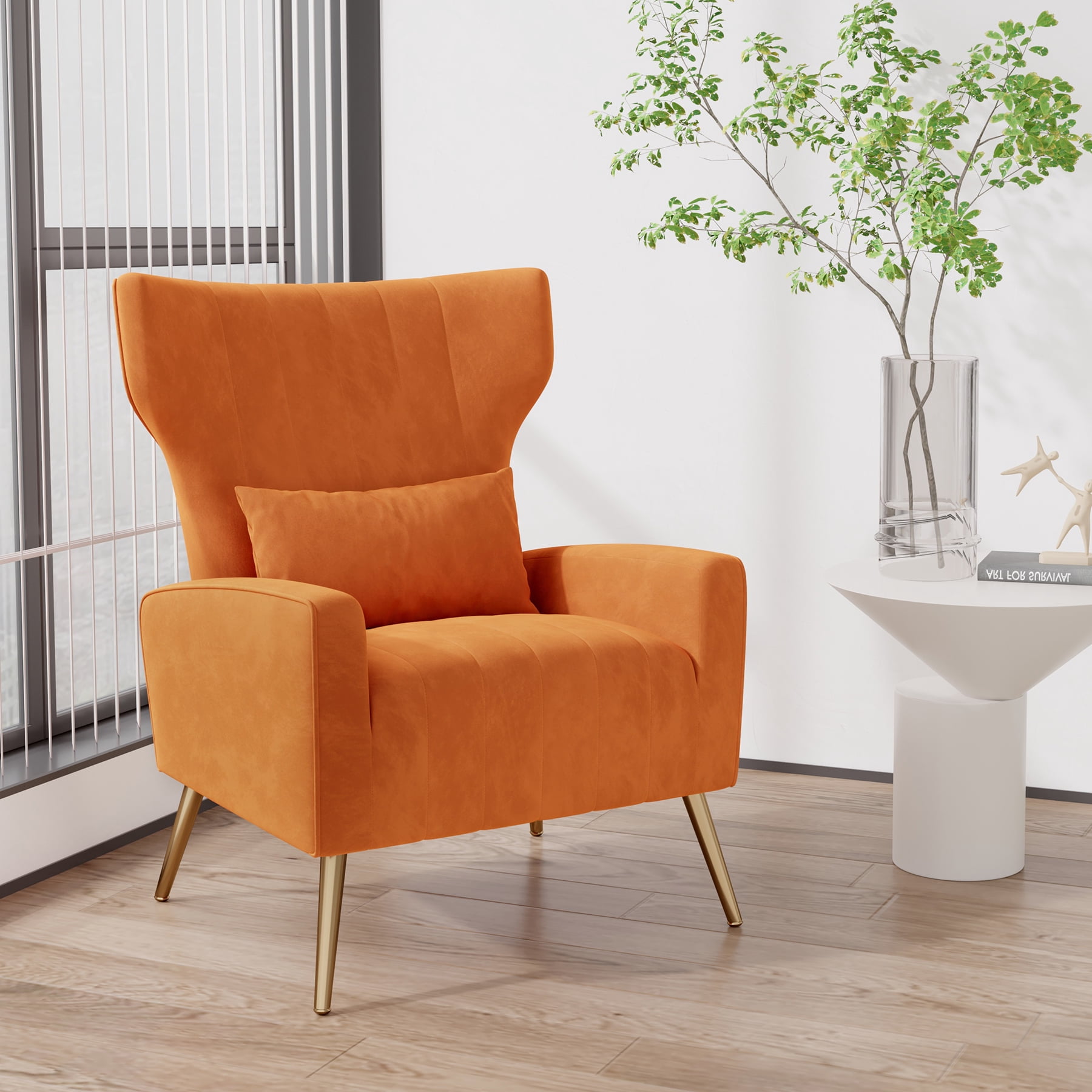 MOONMISS Velvet Accent Chair for Living Room, Modern Arm Chair with Pillow, Single Sofa Lounge Chair for Bedroom & Reading Room,Orange