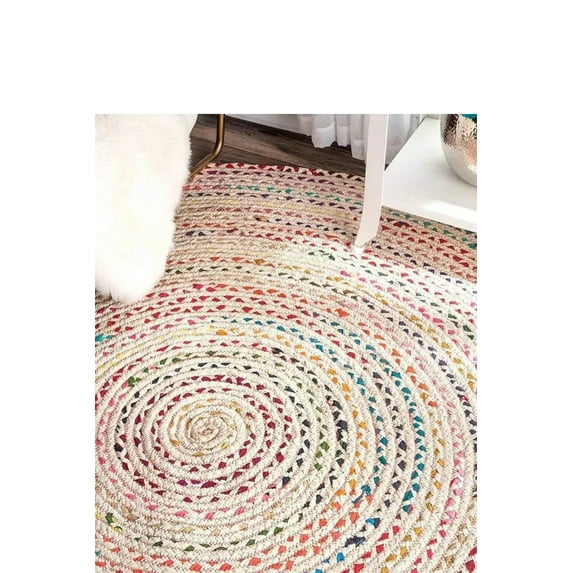 KH Handloom Handmade Hand Braided Natural Jute and Ivory Cotton Carpet for Living Room, Jute Round Floor Mat, Rugs for Living Room, Jute Centre Table Carpet, Home Decore Rug
