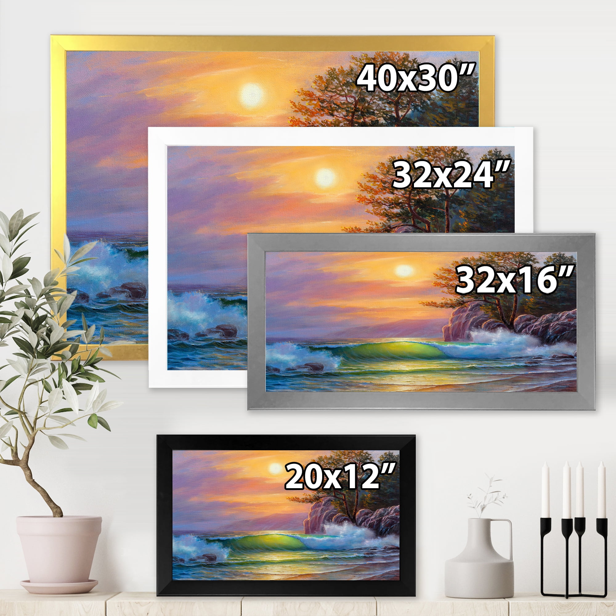 Designart 'Sunrise On Sea Waves By The Pine Trees' Nautical & Coastal Framed Art Print
