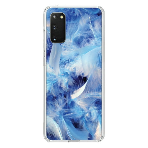 DistinctInk Clear Shockproof Hybrid Case for Galaxy S20 ULTRA / 5G (6.9" Screen) - TPU Bumper, Acrylic Back, Tempered Glass Screen Protector - Blue Feathers