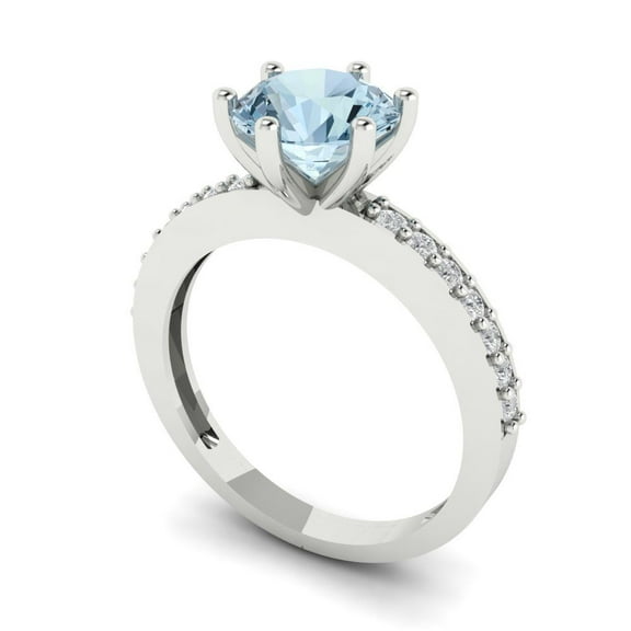 1.71ct round cut blue natural aquamarine 18k white gold Bridal Wedding Engagement Promise Anniversary Ring for Women size 3.75