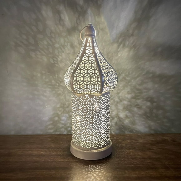 Jinsinto Moroccan white hollow led wind lamp, iron lantern, bedroom, living room atmosphere, decorative lamp ornaments (small size 27.2 cm high)
