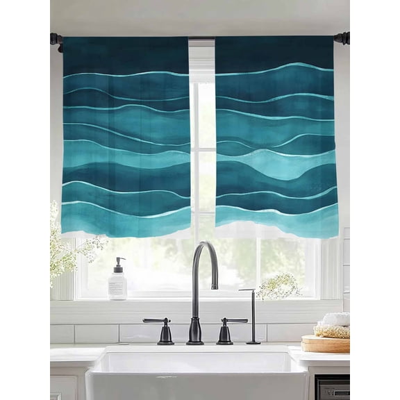 Turquoise Blue Sheer Curtains 54 Inches Long 2 Panels Gradient Ocean Waves Abstract Water Ripple Light Filtering Semi Sheer Window Curtains Drapes for Bedroom Living Room 52"x54"