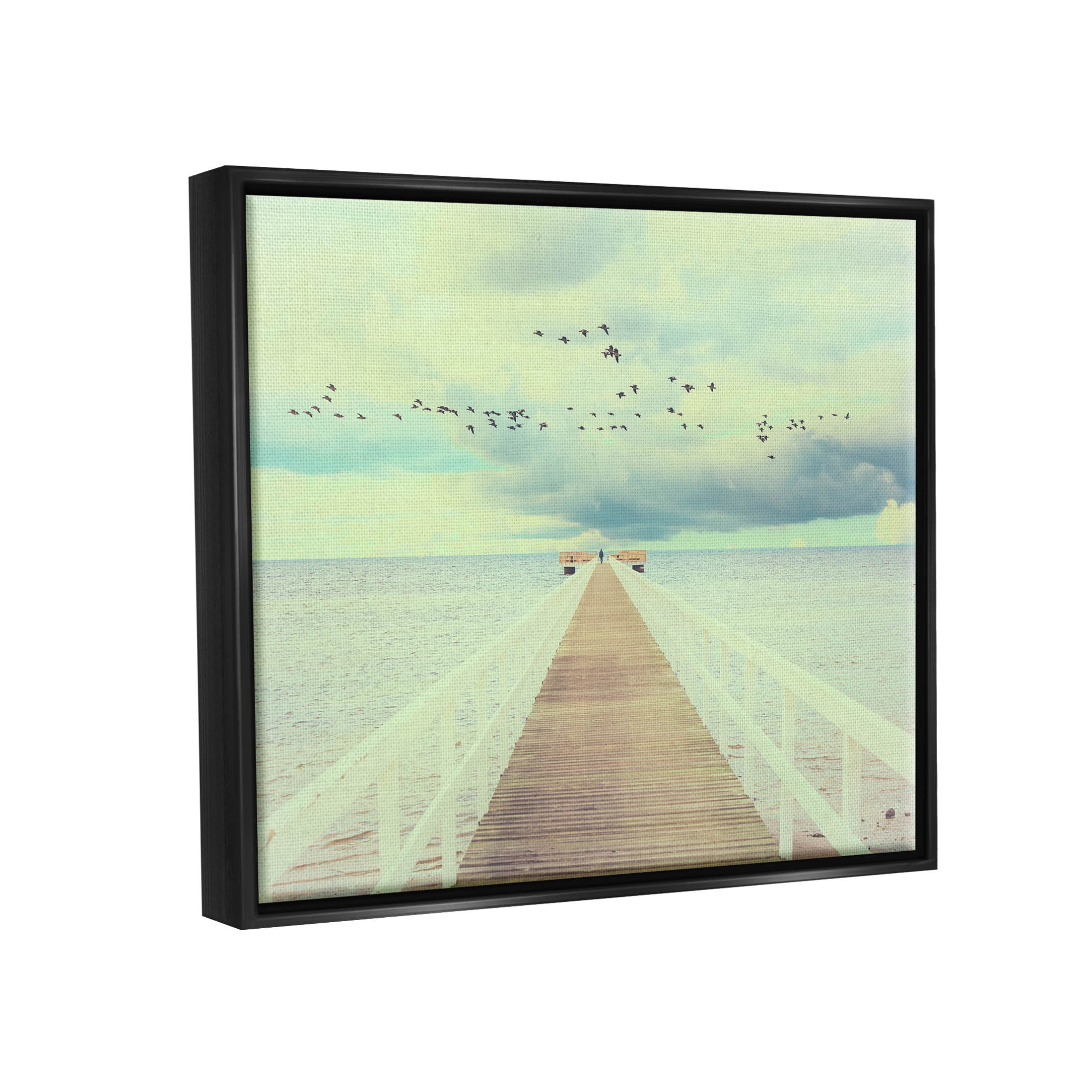 Distant Dock Peaceful Coast Shore Coastal Photograph Jet Black Framed Art Print Wall Art