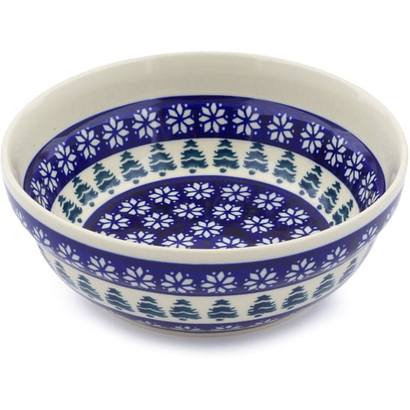 Polish Pottery 6½-inch Bowl (Snowflakes And Pines Theme) Hand Painted in Boleslawiec, Poland   Certificate of Authenticity