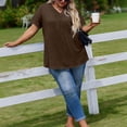 thumbnail image 6 of Trendy V Neck Pleated T Shirts for Women Plus Size Short Sleeve Tops Comfortable Soft Solid Color Loose Fit Curved Hem Dressy Summer Tees Coffee 5XL, 6 of 6