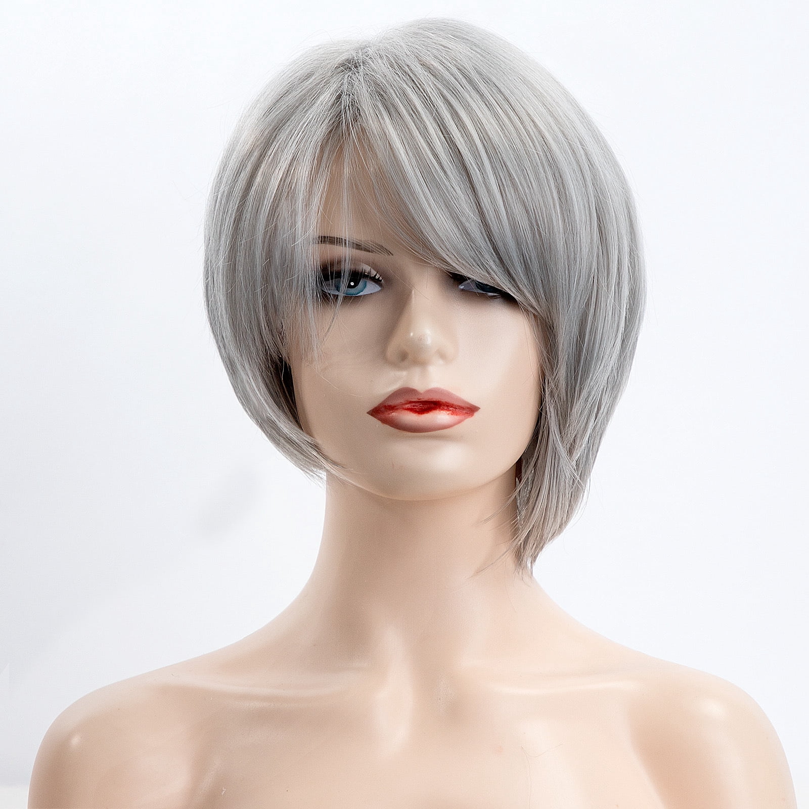 Sucs Short Grey Bob Wigs Sliver Gray Synthetic Straight Hair Repalcement Wig with Bangs