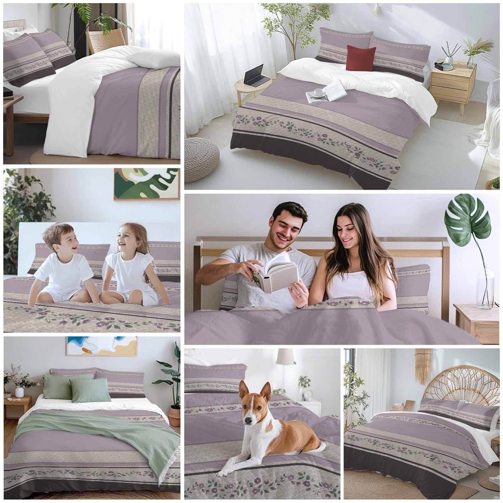 Purple Floral Bedding 3 Piece Duvet Cover Set California King, Modern Farmhouse Leaves Brown Striped Microfiber Comforter Cover with Zipper Closure & Pillowcases, Wrinkle & FadeResistant Quilt Cover