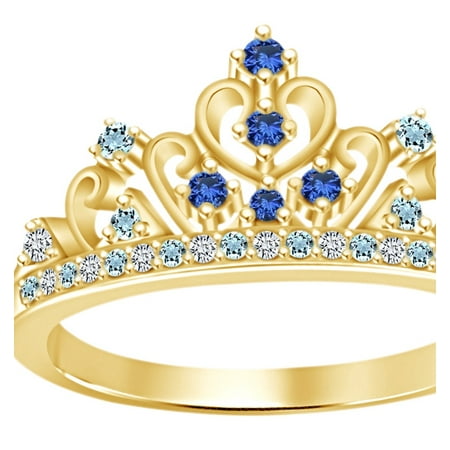 Wedding Style Ring Round Cut Simulated Multi Stone Cinderella Princess Style Engagement Wedding Crown Ring In 14k Yellow Gold Over Sterling Silver With Ring Size 4 ()