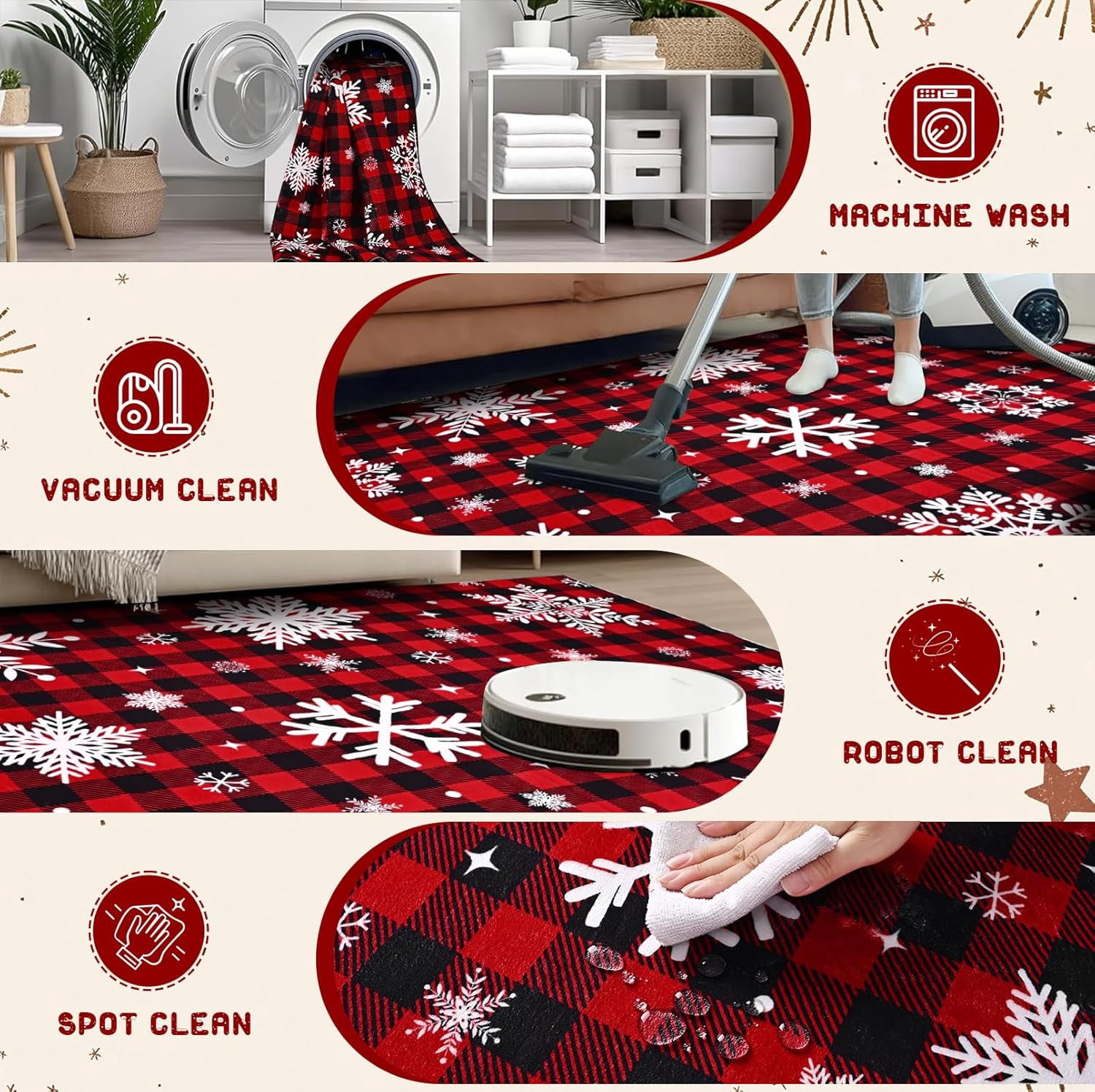 Bleum Cade Christmas Snowflake Area Rugs 2x3 Entryway Rug, Red Buffalo Plaid Non Slip Washable Door Mat,Outdoor Indoor Welcome Mat for Entrance,Christmas Decorations