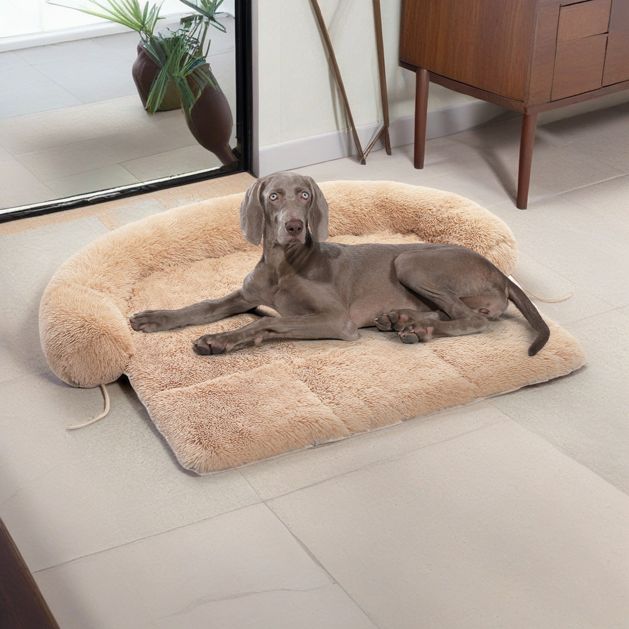 resenkos 45" Plush Long Fur Dog Couch Bed, Dog Bed Mats with Anti-Slip Bottom, Washable Removable Couch Cover, Perfect for Medium and Large Dogs Cats, Beige