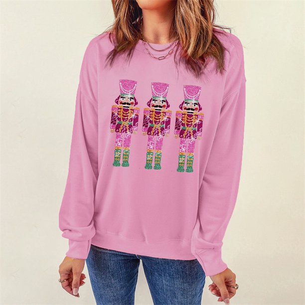 Sudadera con mangas de lentejuelas para mujer, moda navideña 2024, sudadera con cuello redondo de Cascanueces de Año Nuevo para mujer 2024