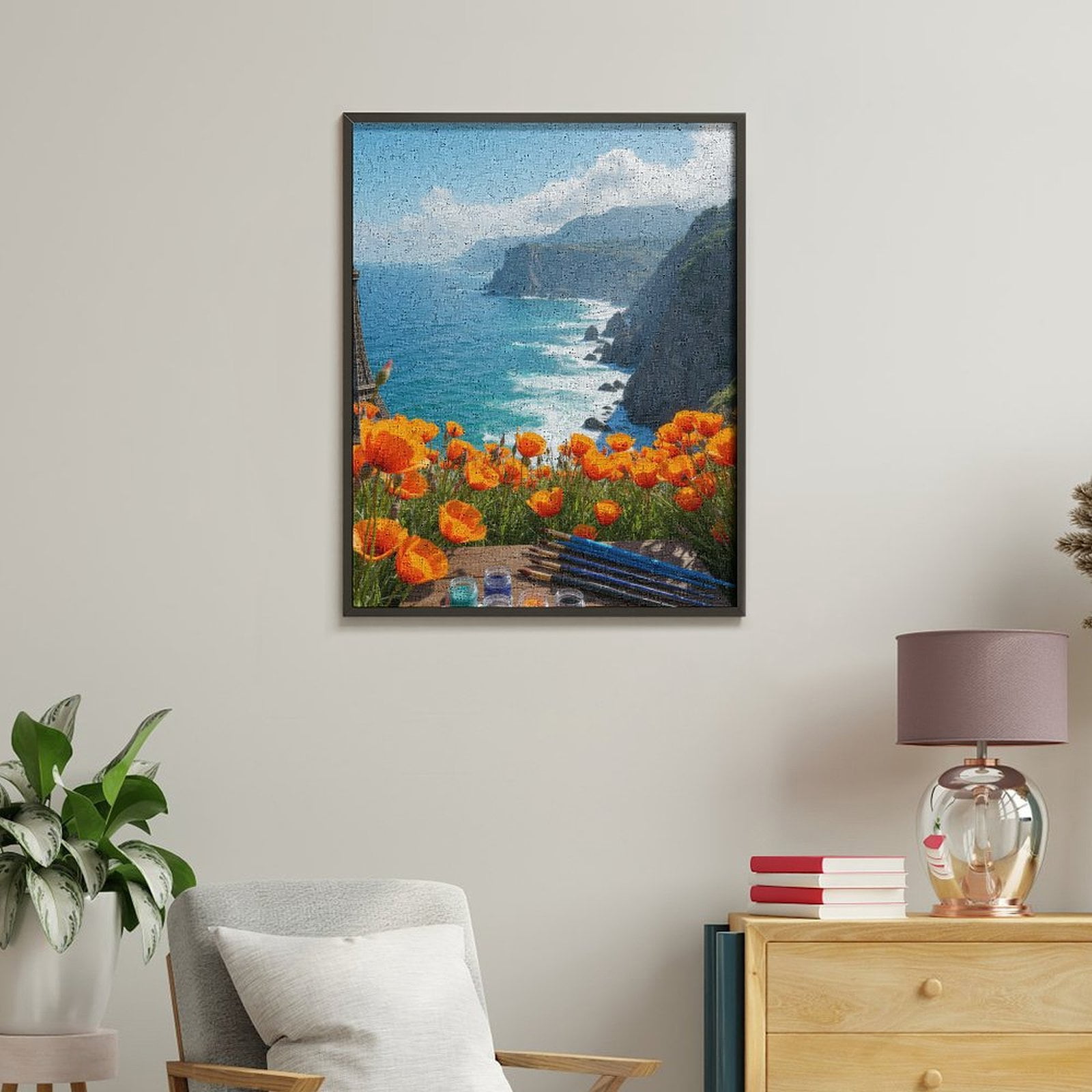 Paint By Numbers Kit for Adults Beginner - Coastal Poppies Art Supplies View DIY Canvas Painting Kits for Adults, Frameless Paint By Number for Adults for Home Wall Decor 16x20 Inch