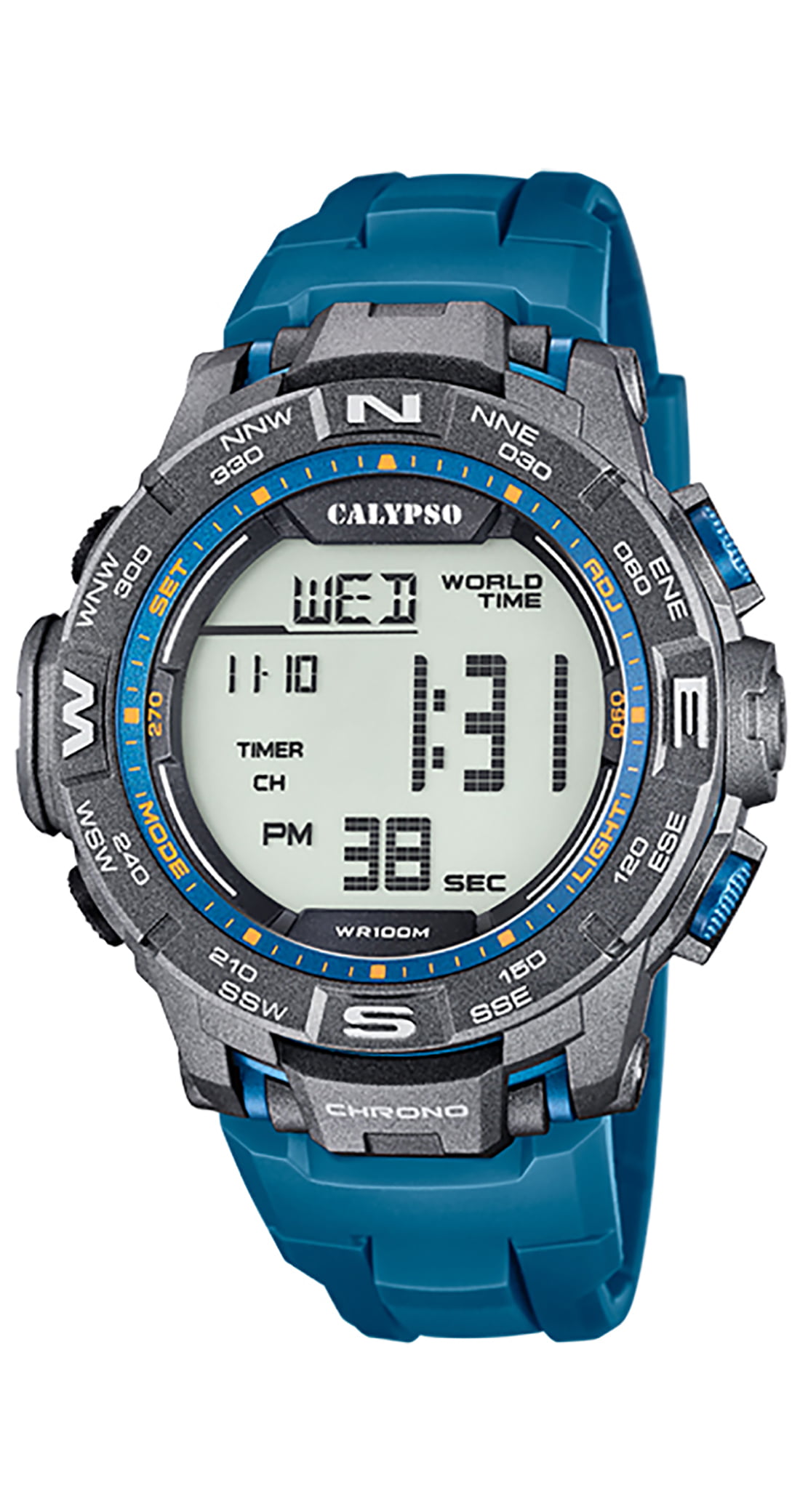 Calypso 52mm Rubber Timer, Watch, Calendar, Light, Time Sports Date Day Chronograph, World Strap, Mens / Digital