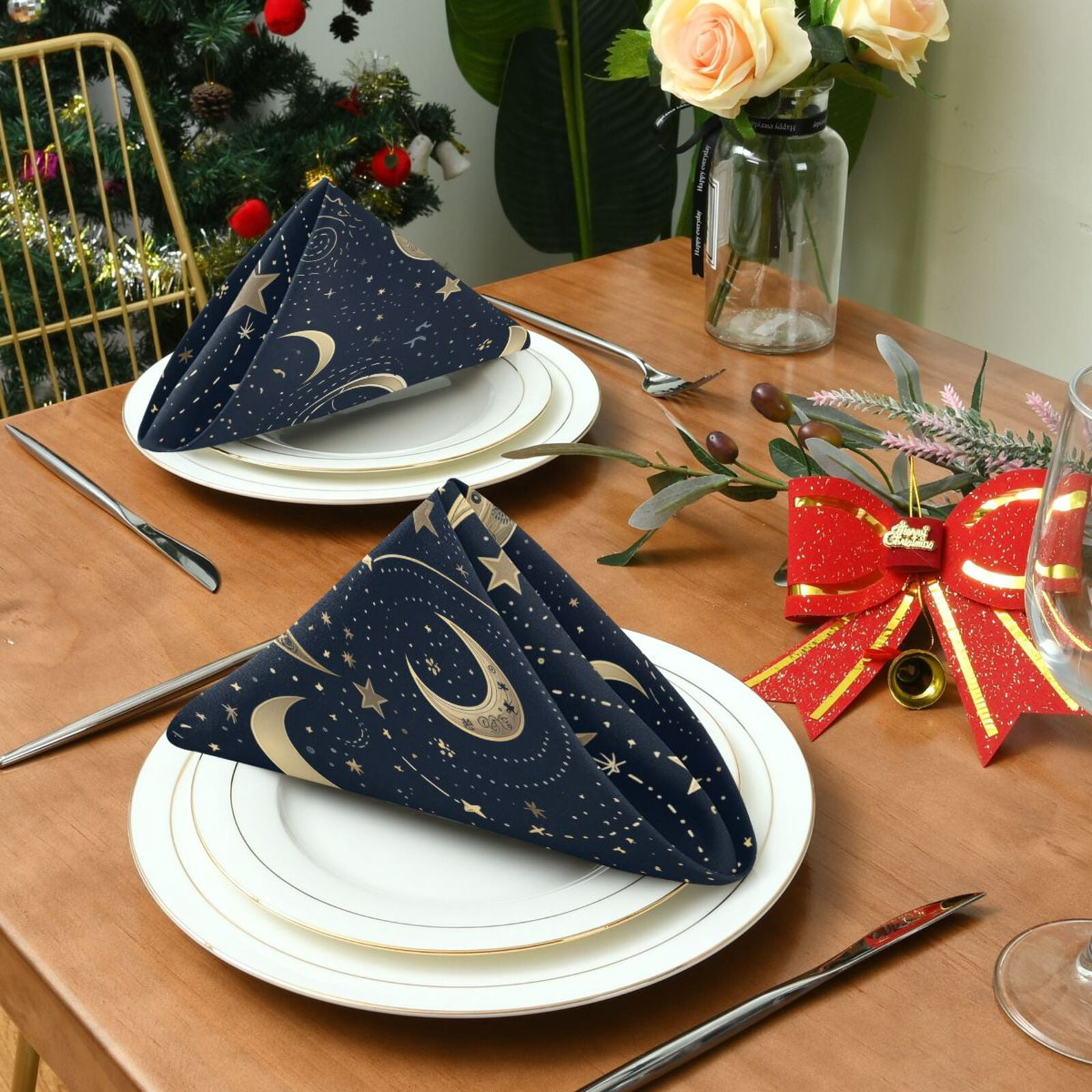 JSTEL Crescent Moon Stars Starry Sky Cloth Napkins Set of 6, 20x20 Inch Washable and Reusable Napkin for Decoupage Dinner Party Everyday Use