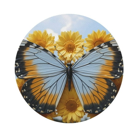 

Cauagu Vibrant Butterfly And Sunflowers for Round Coaster Drink Coasters Set of 4 Leather Bar Beer Beverage Cup Mat for Drinks for Tabletop Protection & Coffee Table Decor