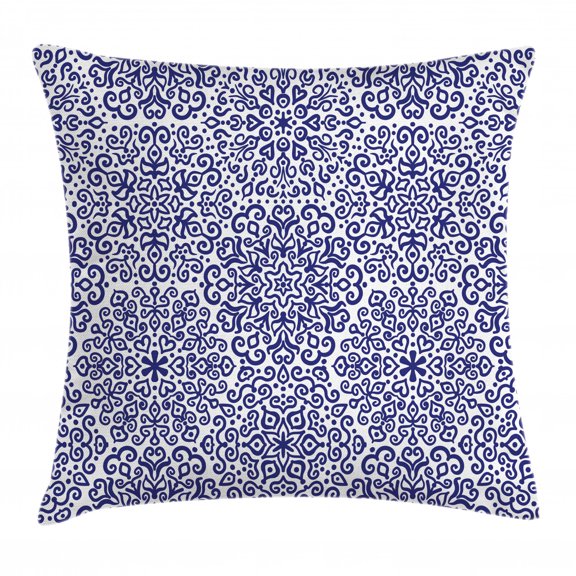 Navy Throw Pillow Cushion Cover, Artsy Mandala Pattern Little Blooms with Hearts Russian Ethnic Style Pattern Print, Decorative Square Accent Pillow Case, 18 X 18 Inches, Indigo White, by Ambesonne