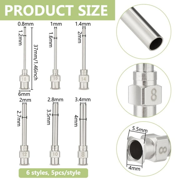 30Pcs 6 Styles Stainless Steel Dispensing Needle 8 10 12 14 16 18Ga Blunt Glue Bottle Needle with Luer Lock for Cartridge Alcohol Essential Oil Dispensers