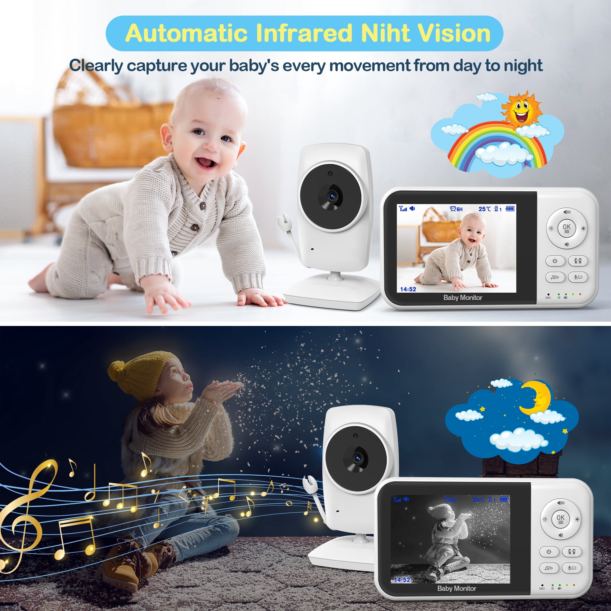 Baby Monitor with Camera and Audio, Video Baby Surveillance System with 3.2” HD Screen, Night Vision, 2 Way Talk, Temperature Sensor, Portable Indoor Home Security Camera with Monitor