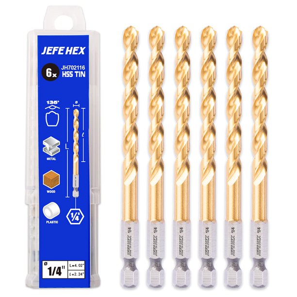 JEFE HEX 1/4" HSS Twist Titanium Drill Bits, Hex Shank for Quick Change