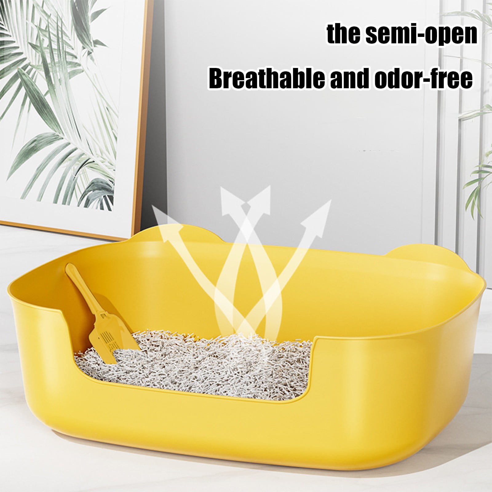 SHENGXINY 1PCS Cat Litter Boxes, Large Cats Litter Box, Banding Out Proof Spillage Proof Cats Litter Box ,Pet Supplies, Fully Open One Pieces Litter Tray Yellow 15.75x11.42x5.71 in