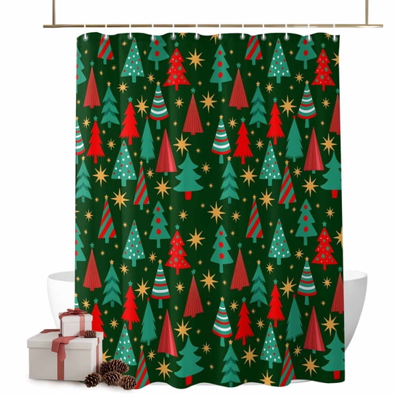 Christmas Tree Bathroom Shower Curtain Stripe Polka Dots Pine Trees Stars Modern Green Waterproof Washable Shower Curtains for Bathtub Bath Decor with Grommets and Hook 72 X 84 Inch
