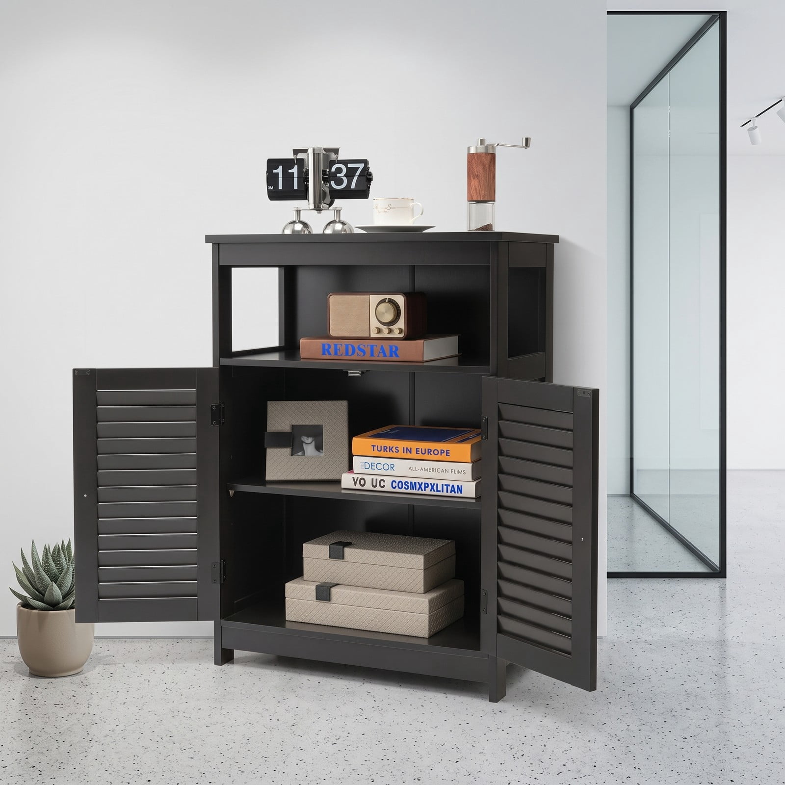 Fenbeli Wood Freestanding Bathroom Storage Cabinet, Double Shutter Doors with Adjustable Inner Shelf and Anti-Tipping Device, Floor Organizer Cabinet for, Black
