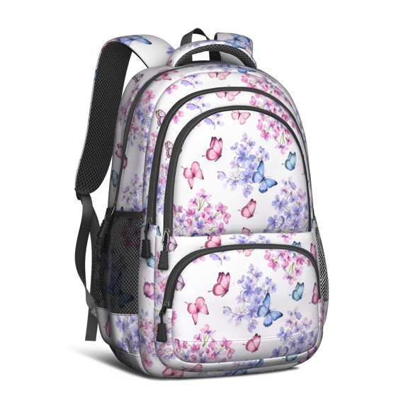 Purple Butterfly Flower Pattern Cute School Backpack Bag with Padded Back and Adjustable Shoulder Straps 16.9 X 12.6 X 5.9 Inches