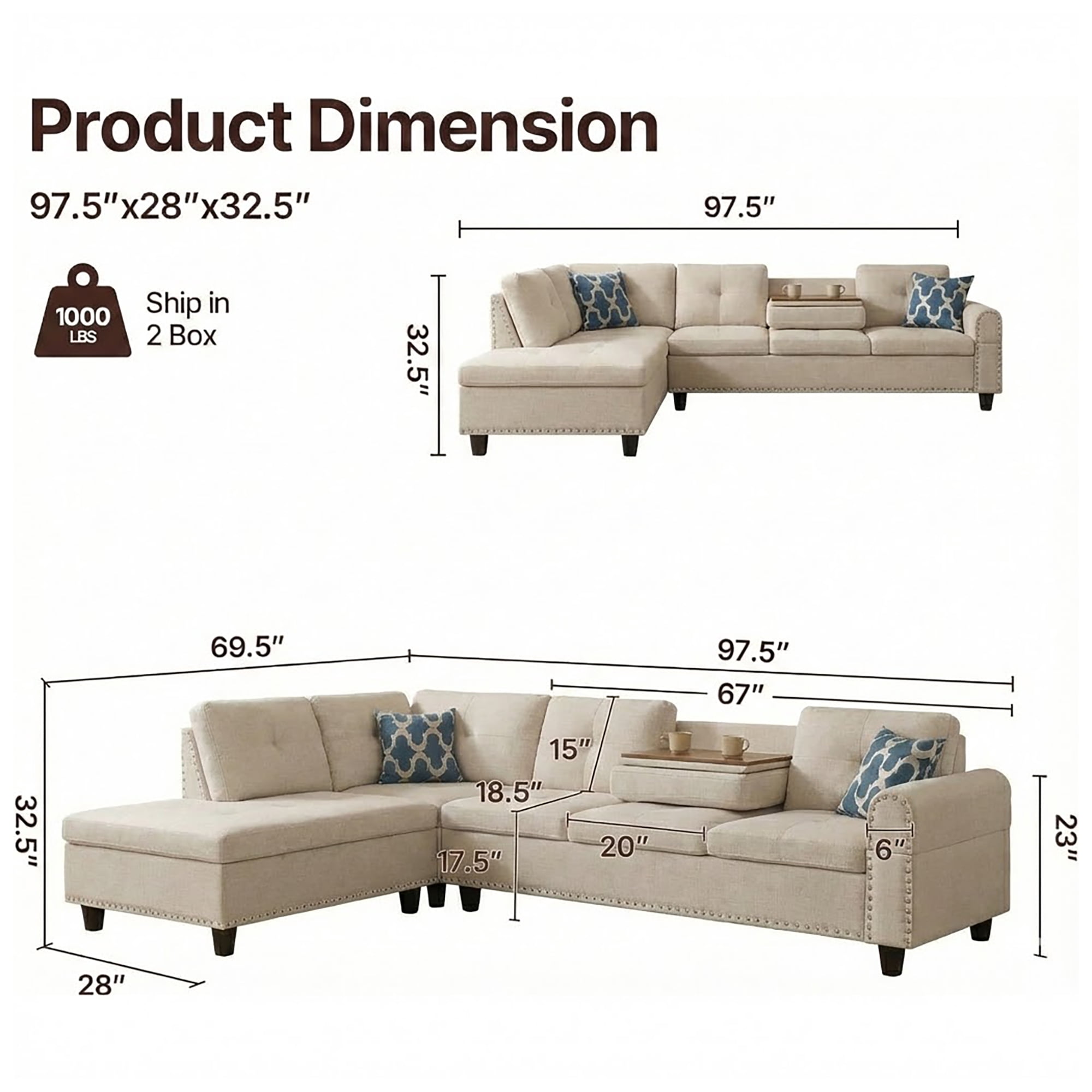 AENKYO 98" L-Shaped Upholstered Sectional Sofa Couch with Storage & Cup Holders, Faux Leather Living Room Sofa Set, Beige