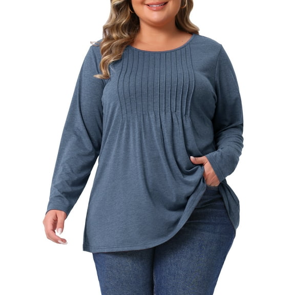 Agnes Orinda Women's Plus Size T-Shirt Pleated Crew Neck Long Sleeve Soft Casual Tunic Blouse 1X Navy Blue
