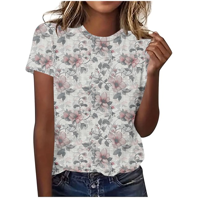 Hauts d'Été pour Femmes DYTTDG T-shirt à Fleurs Mode pour Femmes Grande Taille Col Rond Manches Courtes Décontracté Ample Tee Haut Hauts pour Femmes Liquidation Moins de 10 Multicolore,G
