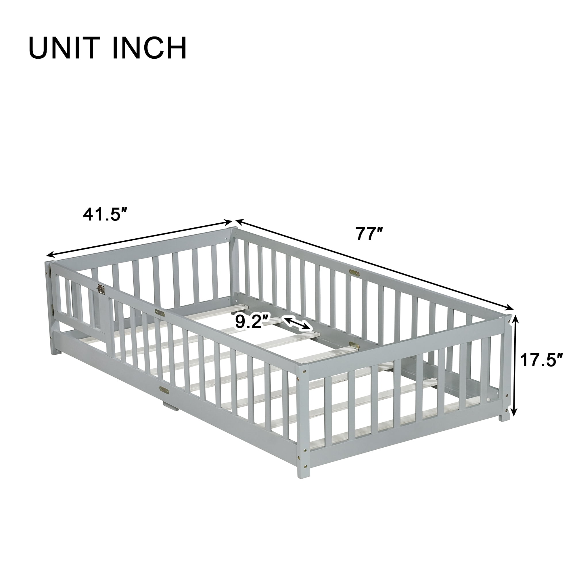 Sailvan Twin Floor Bed with Fence and Door, Solid Rubber Wood Kids Platform Bed Frame Grey
