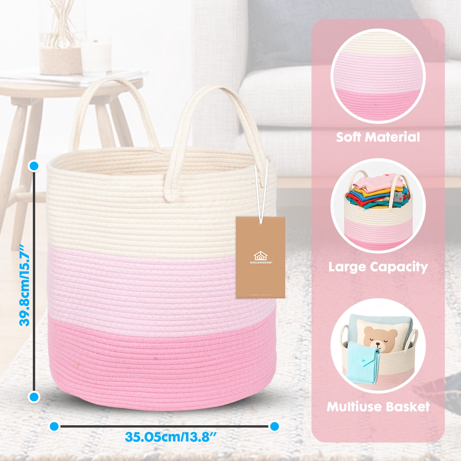 PinkSheep Laundry Basket, Collapsible Woven Cotton Rope Laundry Hamper Storage Baskets with Handles, Ivory & Pink