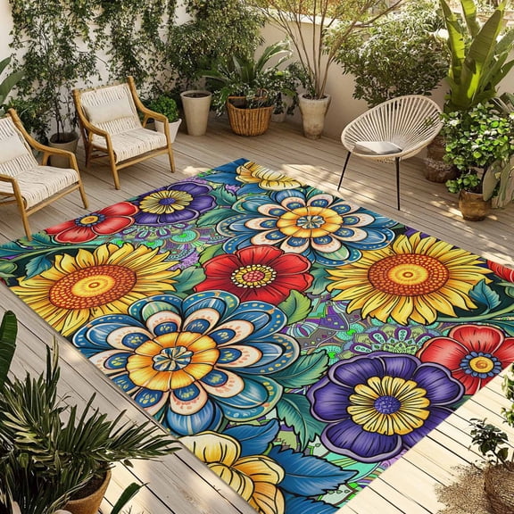 Boho Colorful Floral Outdoor Rug for Patio/Deck/Porch, Non-Slip Large Area Rug 5 x 8 Ft, Spring Flower Botanical Sunflowers Plant Indoor Outdoor Rugs Washable Area Rugs, Camping Rug Carpet Runner