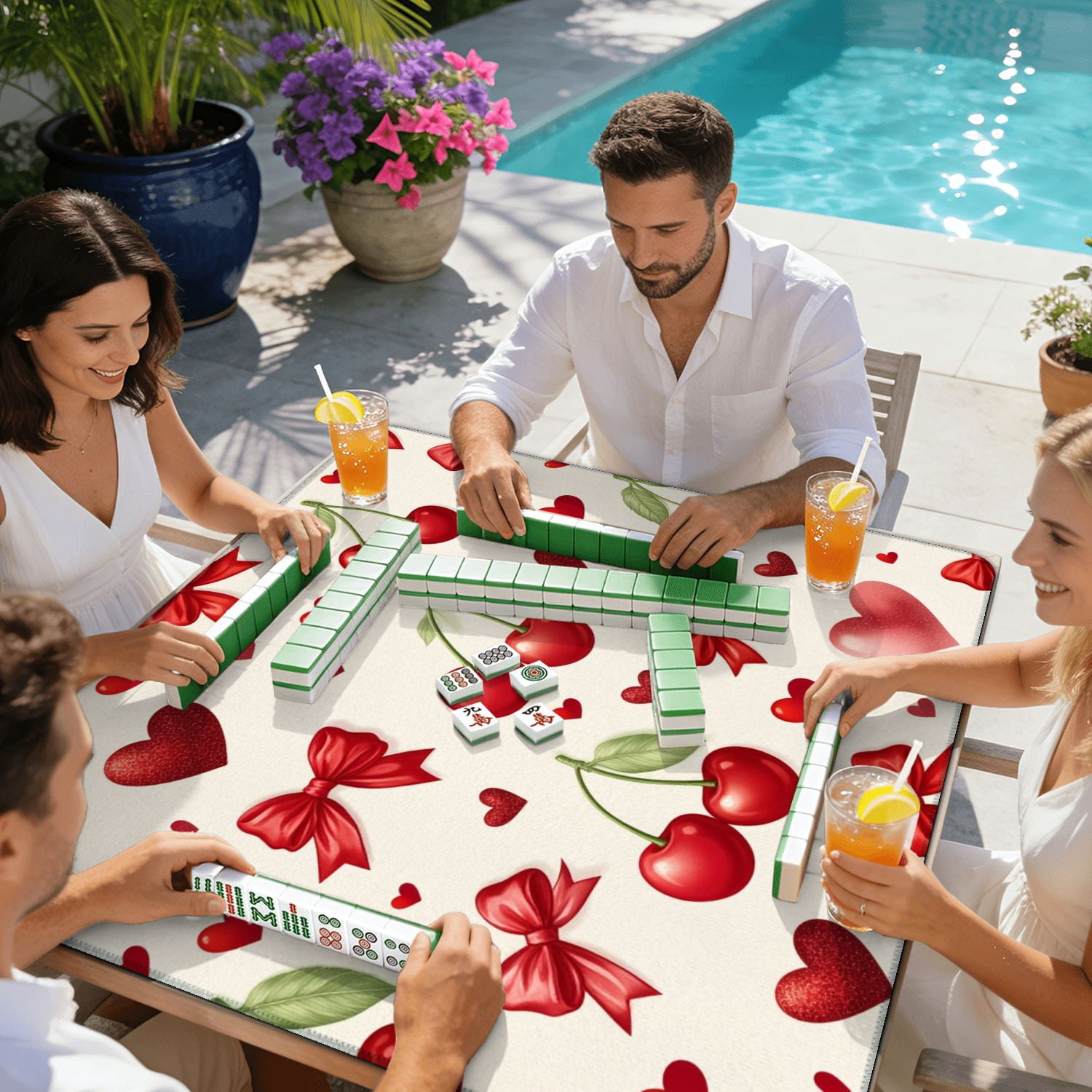 Mahjong Mat 31.5" x 31.5" Red Cherries Hearts Bows Cream Non-Slip Noise Reduction American Mahjong Tiles Table Cover for Dominoes Poker Card Board Games Gift