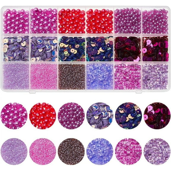 1500Pcs Assorted Beads for Jewelry Making 144G Bead and Sequin Kit Glass Round Bugle Beads Imitation Pearl Beads Tube Beads Pony Beads Loose Sequins for Jewelry Making Purple Purple